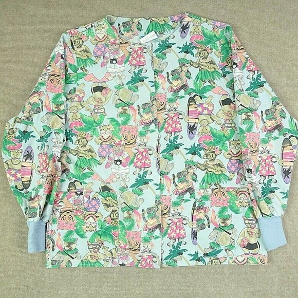 Crest Women L Blue  Green Hawaiian Cat Tropical Print Snap Button  Long Sleeve - Picture 1 of 5